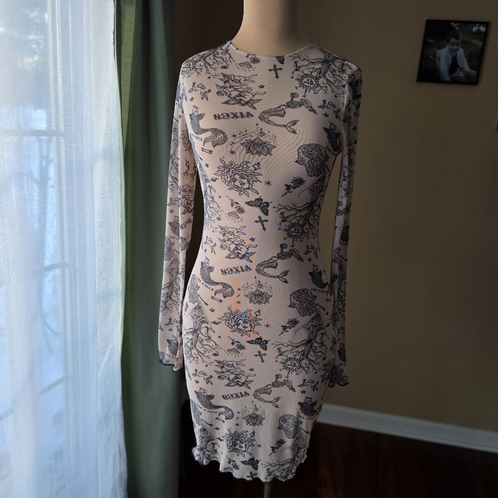 Bear Dance Sheer Tattoo Print Mesh Mini Dress Nude Black Size M